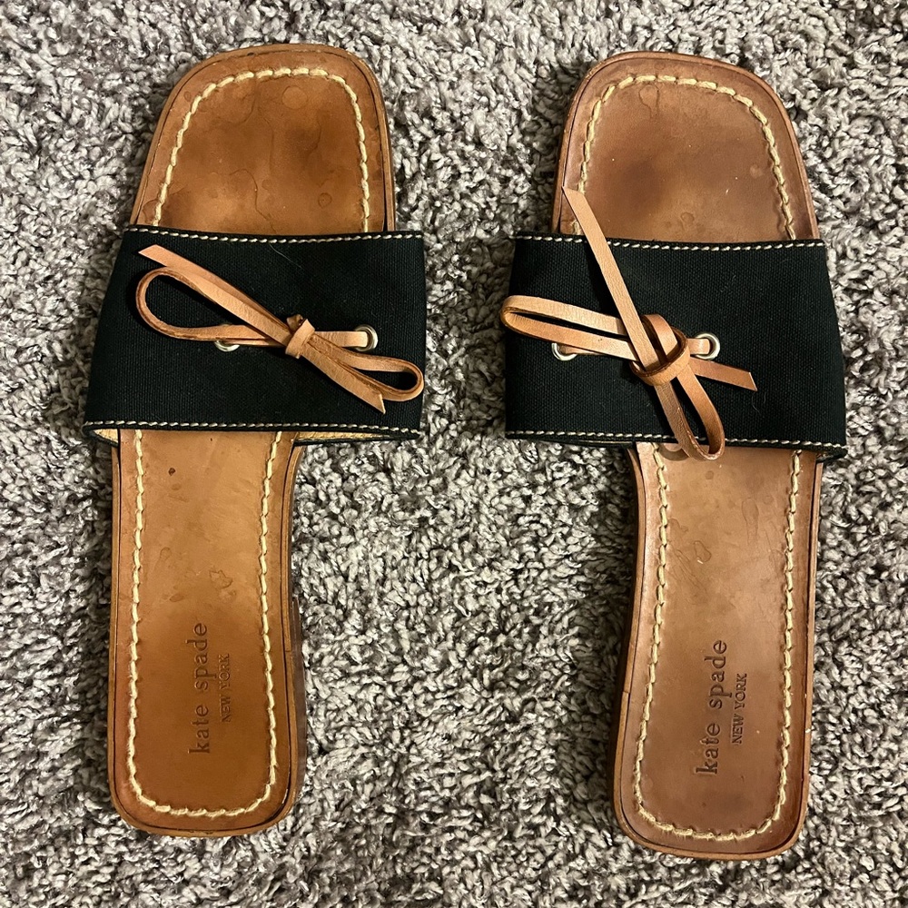 Kate Spade NY Size 8 Leather Slides Sandals Black Brown Summer Designer Brand